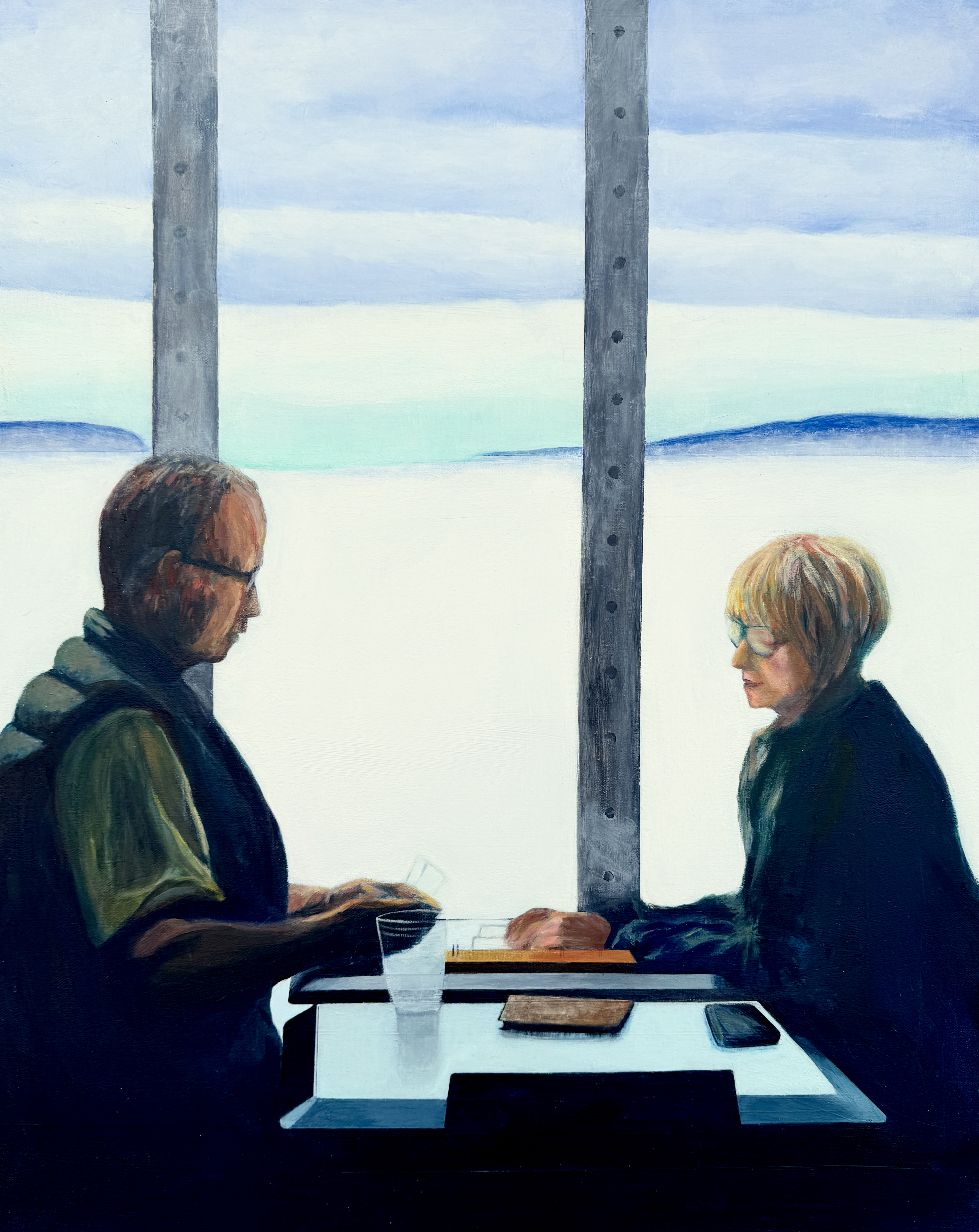 Crib Game on the Ferry (acrylic on canvas, 24 inches x 36 inches)